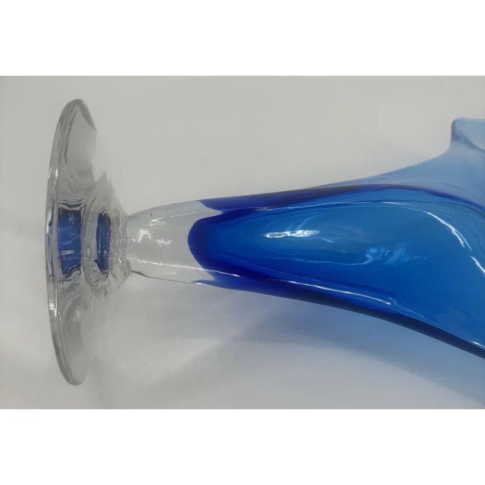 Vintage Blenko Blue & Clear Base Art Fan Glass Vase Hand Blown #872